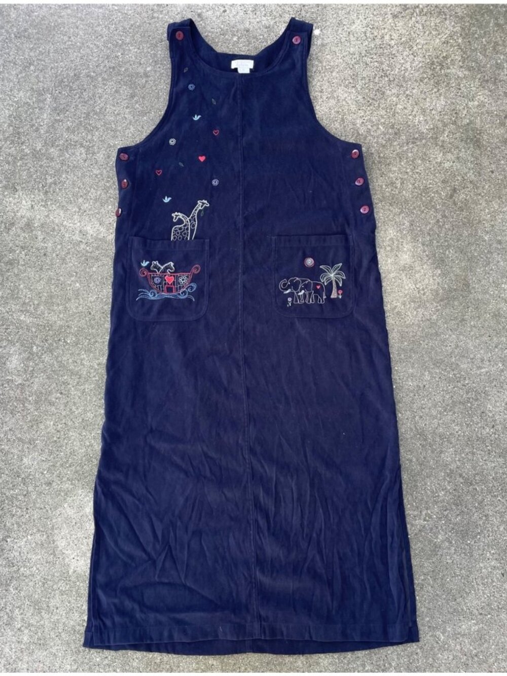 Vintage 90s Pinafore Dress Long Womens M Navy Embroidered Animals Sunday School